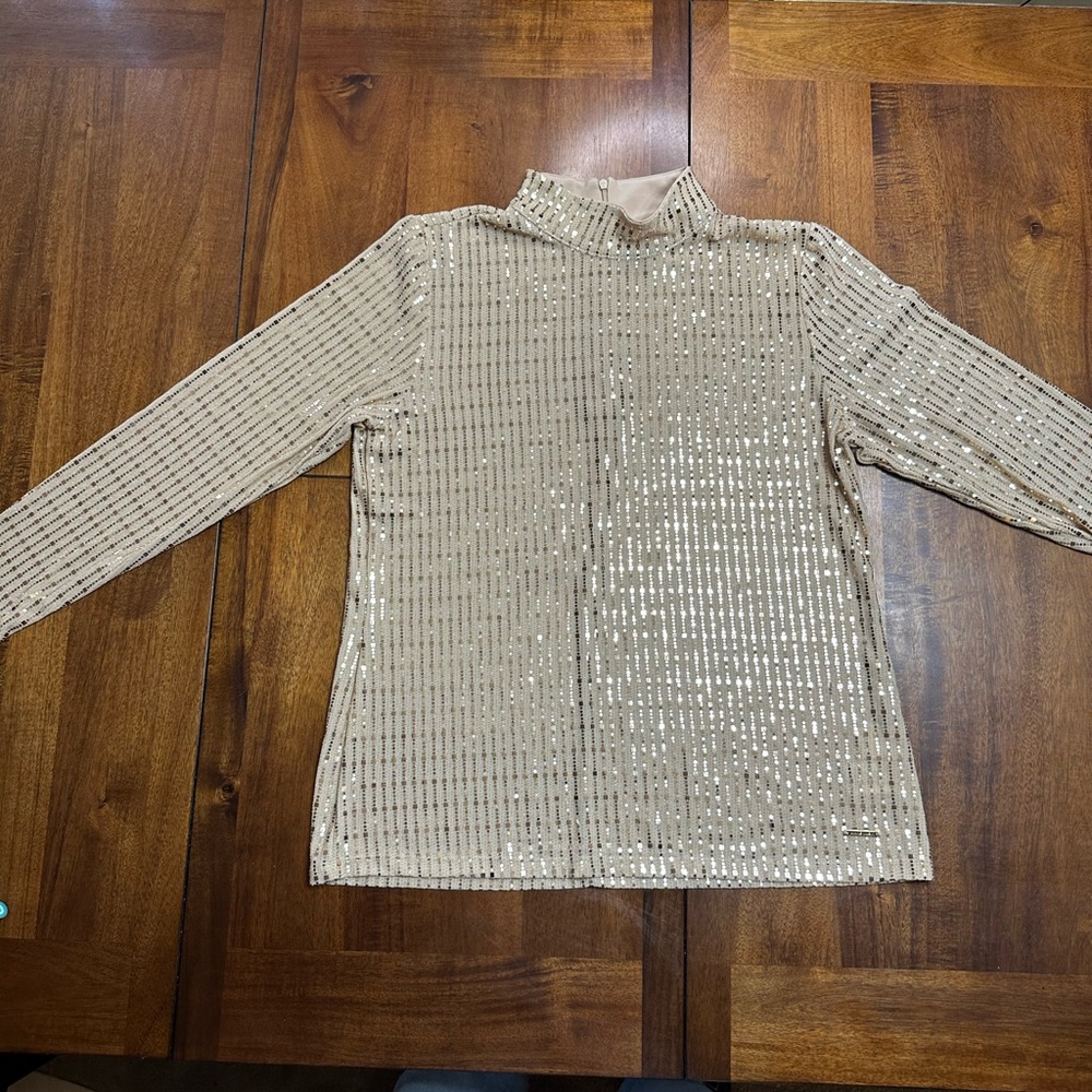 Anne Klein Sequin Mock Neck Long Sleeve Top Size L Champagne
